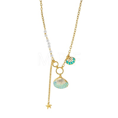 Summer Beach 304 Stainless Steel Enamel Shell Shape Pendant Necklaces with White Plastic Pearl for Women WGC94A0-01-1