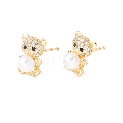 Cubic Zirconia Bear Stud Earrings with Acrylic Pearl EJEW-F282-26G-1