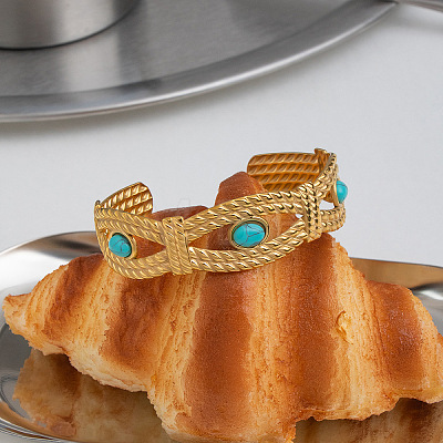 304 Stainless Steel Vintage Synthetic Turquoise Eye Open Cuff Bangles for Women WJ2970-1