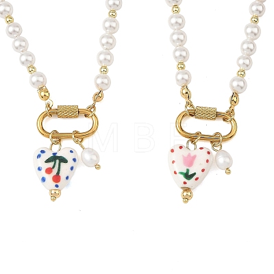 2Pcs 2 Colors Handmade Printed Floral Porcelain Heart & 304 Stainless Steel Pendant Round White Shell Pearl Beaded Necklaces for Women NJEW-JN06391-1