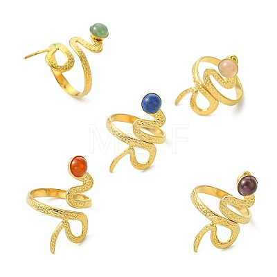 Natural Gemstone Snake 304 Stainless Steel Cuff Open Rings for Women RJEW-JR01068-1