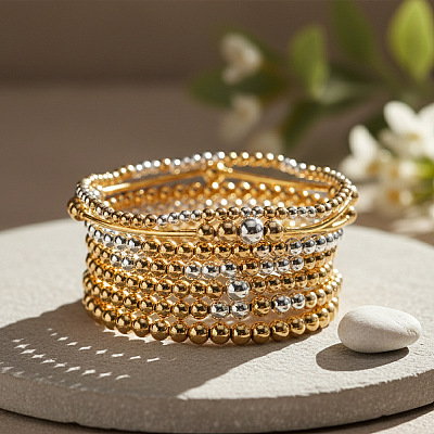 8Pcs 8 Styles Brass Round Beads Stretch Bracelets & Beaded Bracelets for Women HH7054-1-1