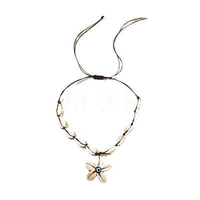 Summer Beach Natural Cowrie Shell Flower with Blue Resin Evil Eye Pendant Adjustable Necklaces for Women FS-WG177B0-01-1
