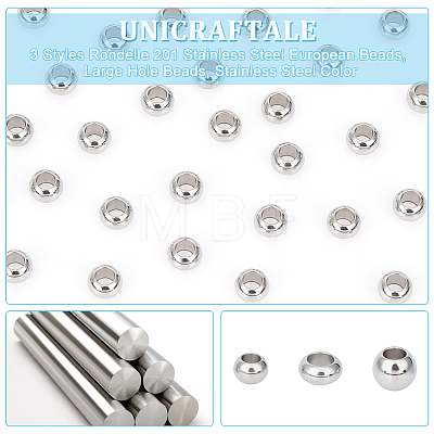 Unicraftale 60Pcs 3 Styles Rondelle 201 Stainless Steel European Beads STAS-UN0050-43-1