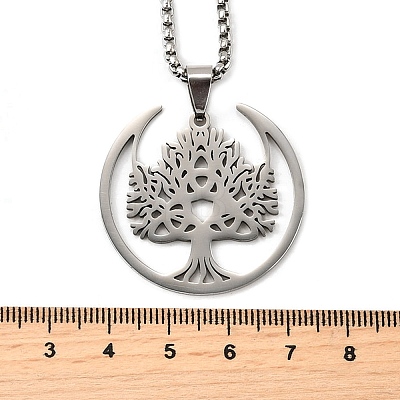 Tree of Life 201 Stainless Steel Crescent Moon Tree of Life Pendant Necklaces for Women NJEW-M105-06P-1