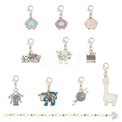 1 Set Acrylic Number Bead Knitting Row Counter Chains & Alloy Enamel Sheep & Woven Theme Charm Locking Stitch Markers HJEW-BC0001-37-1