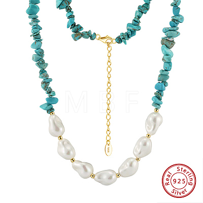 Natural Turquoise Chip & Nuggets Shell Pearl Beaded Necklaces NJEW-L125-007G-1