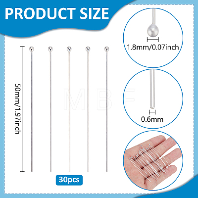 30Pcs 925 Sterling Silver Ball Head Pins STER-PH0003-15-1