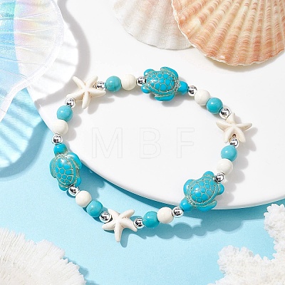 Turtle & Starfish Synthetic Turquoise Beaded Stretch Bracelet BJEW-JB09968-02-1