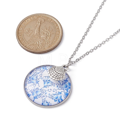 Steel Blue Glass Flat Round & Alloy Pendant Necklace NJEW-JN04453-01-1