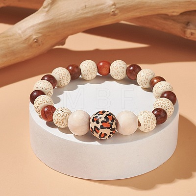 Natural Wood Round Beaded Stretch Bracelet for Women BJEW-JB09352-1