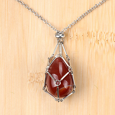Natural Red Agate Easter Egg Cage Pendant 304 Stainless Steel Cable Chain Necklaces FS-WGA333C-07-1