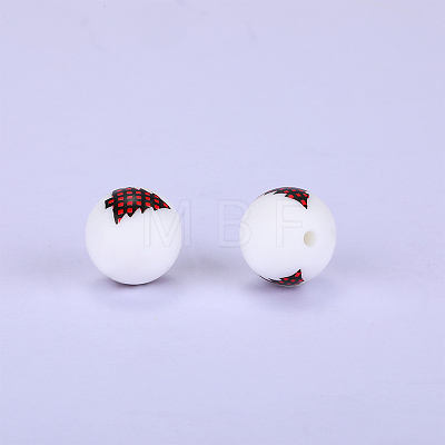 Christmas Printed Round with Christmas Tree Pattern Silicone Focal Beads SI-JX0056A-121-1