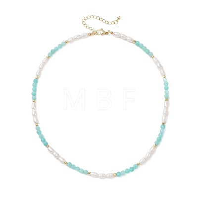 Faceted Round Natural Amazonite and Rice Natural Pearl Beaded Necklaces for Women NJEW-JN05816-04-1