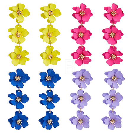 4 Pairs 4 Colors Alloy Flower Dangle Stud Earrings for Women EJEW-FI0002-99-1
