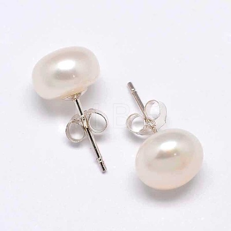 Mother's Day Gift Natural Pearl Half Round Ear Studs EJEW-E144-02-1