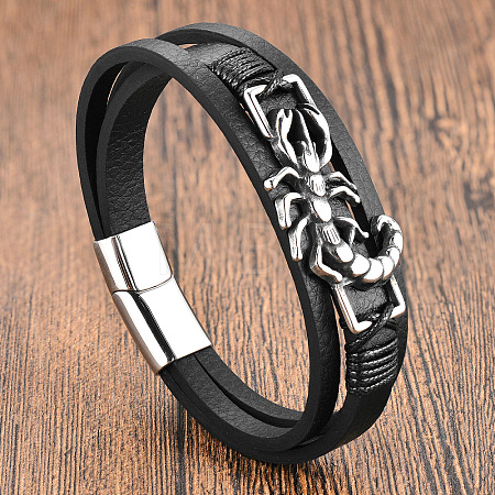 Black Imitation Leather & 316L Stainless Steel Centipede Multi-strand Bracelets with Magnetic Clasps for Men WG416ED-01-1