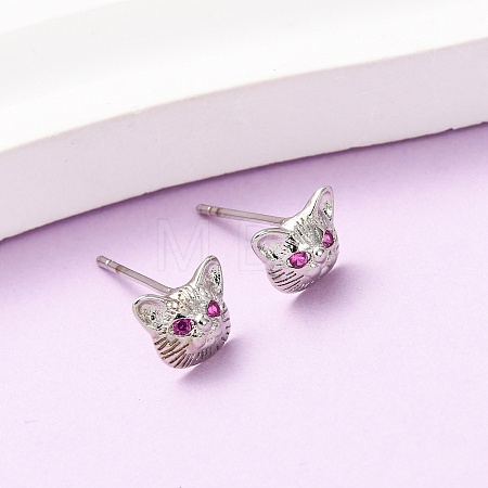 Cat Shape Brass Micro Pave Cubic Zirconia Stud Earrings EJEW-L278-11P-1