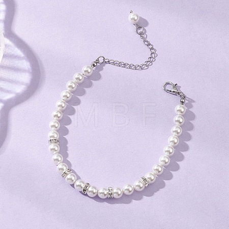 Round Shell Pearl & Brass Rhinestone Beaded Bracelet for Women BJEW-JB12871-1