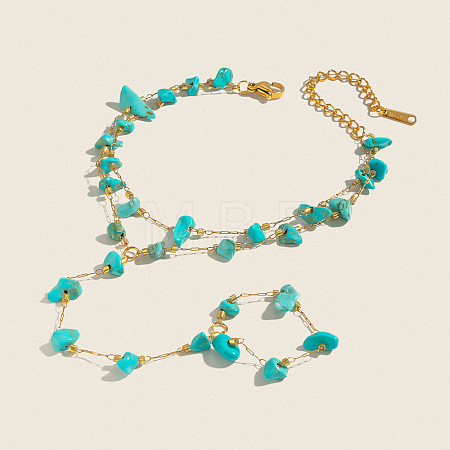 Synthetic Turquoise Chip 304 Stainless Steel Double Layer Hand Chain Ring Bracelets for Women HN5192-1