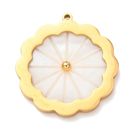 Carved Natural White Shell 304 Stainless Steel Pendants SH-K002-01C-G-1