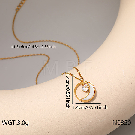 304 Stainless Steel Pave Clear Cubic Zirconia & Natural White Shell Pendant Necklaces for Women WG91666-07-1
