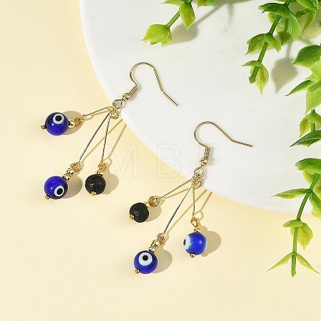 Handmade Lampwork Evil Eye and Natural Lava Rock Beads Dangle Earrings EJEW-JE07449-1