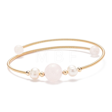 Natural Rose Quartz & Pearl Round Beaded Bangle X-BJEW-JB08464-02-1