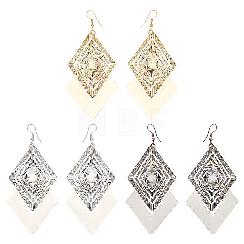 3 Pair 3 Color Alloy Rhombus Dangle Earrings for Women EJEW-FI0001-08-1