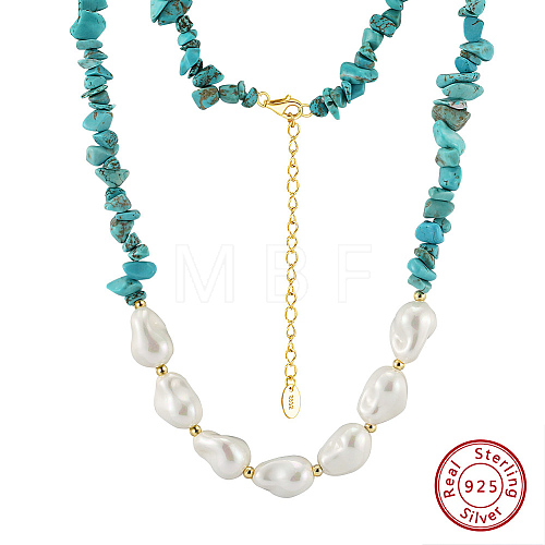 Natural Turquoise Chip & Nuggets Shell Pearl Beaded Necklaces NJEW-L125-007G-1