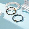 2Pcs 2 Style Natural Weathered Agate(Dyed) & Tiger Eye Round Beaded Stretch Bracelets Set with Alloy Lion BJEW-JB08654-2