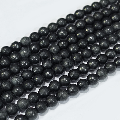 Faceted Round Natural Black Stone Beads Strands G-E302-066-6mm-1