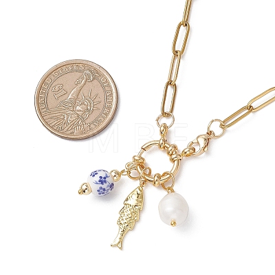 White and Blue Porcelain Round & 304 Stainless Steel Fish & Imitation Pearl Pendant Necklaces for Women NJEW-JN05650-1