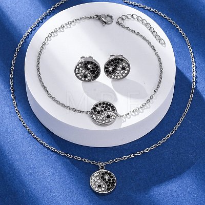 Yin-yang 304 Stainless Steel Rhinestone Pendant Necklaces & Bracelets & Stud Earrings Sets for Women SJEW-C004-17P-1