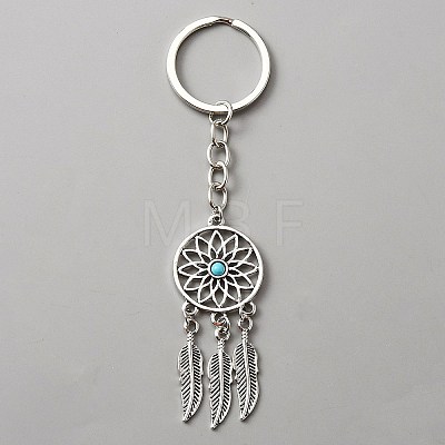Woven Net/Web with Feather Alloy & Resin Pendant Keychain KEYC-WH0029-71AS-1