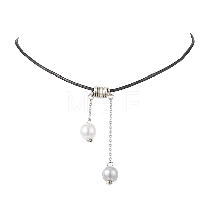 ABS Plastic Imitation Pearl Round Tassel Pendant Black Waxed Polyester Cord Necklaces for Women NJEW-JN05610-01-1