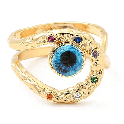 Resin Evil Eye Open Cuff Ring with Cubic Zirconia RJEW-E069-02G-01-1