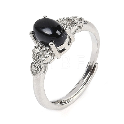 Oval Natural Black Agate Adjustable Rings RJEW-Q819-01P-09-1