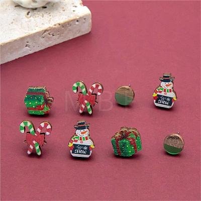 4 Pairs Candy Cane & Snowman & Christmas Gift Printed Wood Stud Earrings EJEW-OY001-01-1