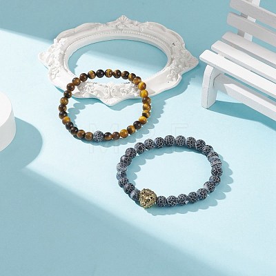 2Pcs 2 Style Natural Weathered Agate(Dyed) & Tiger Eye Round Beaded Stretch Bracelets Set with Alloy Lion BJEW-JB08654-1