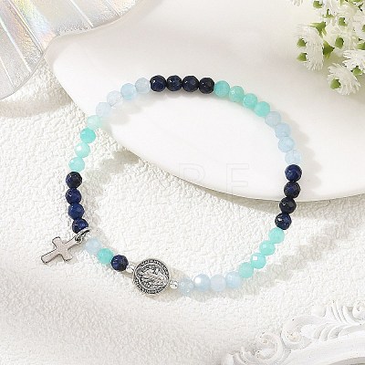 Gradient Natural Mixed Stone Faceted Round Beaded Stretch Bracelets with Alloy Saint Benedict Medal BJEW-JB14401-01-1