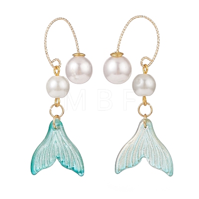 Glass Whale Tail with Imitation Pearl Cuff Earrings EJEW-JE04996-1