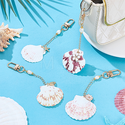 4Pcs 4 Styles Alloy Natural Sea Shell Flower with Starfish Pendant Decorations HJEW-PH02409-1