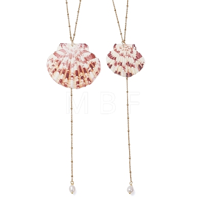 Natural Sea Shell Big Pendant 304 Stainless Steel Satellite Chain Long Tassel Y Necklaces for Women NJEW-JN06297-1