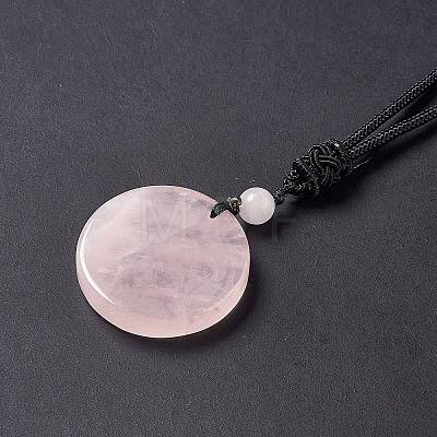 Natural Rose Quartz Flat Round with Hexagon Pendant Necklace with Nylon Cord for Women NJEW-P274-05-06-1