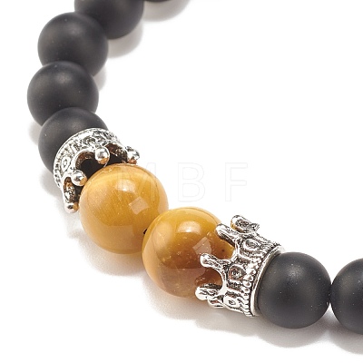 Natural Frosted Black Agate(Dyed) & Tiger Eye Braided Bead Bracelet with Alloy Crown BJEW-JB08249-01-1