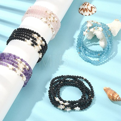 5Pcs 5 Style Natural & Synthetic Mixed Gemstone & Pearl & Shell Star Beaded Stretch Bracelets Set BJEW-JB09495-1