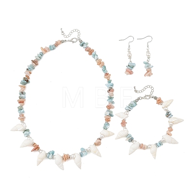 Natural Morganite & Larimar Chips Beads & Natural Spiral Shell Necklaces & Dangle Earring & Bracelets Sets SJEW-JS01387-1