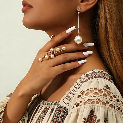 Iron with Imitation Pearl Round Dangle Stud Earrings and Cuff Rings Set YS4776-1-1