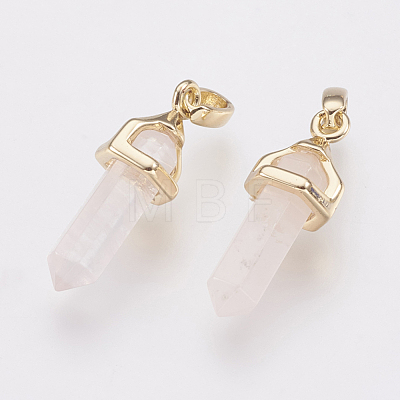 Brass Natural Rose Quartz Double Terminated Pointed Pendants KK-G343-11L-05G-1